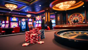 Experience the luxury of ev88 with vibrant casino gaming, poker chips, and slot machines.