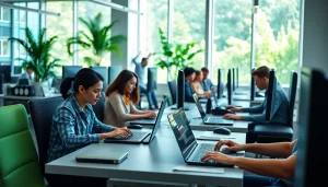 Enhance typing skills at a professional typing center showcasing focused individuals in a modern office.