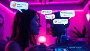 Engaging interface showcasing sex AI chat interaction with an AI character in a cozy digital setting.