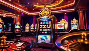 Pemain menikmati permainan Slot Zeus di kasino yang hidup dengan lampu berwarna-warni.