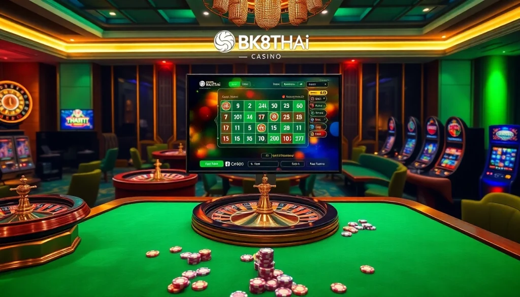 Experience the excitement of bk8thai with vibrant casino visuals featuring roulette wheels and poker tables.