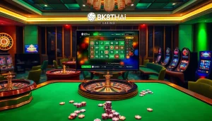 Experience the excitement of bk8thai with vibrant casino visuals featuring roulette wheels and poker tables.