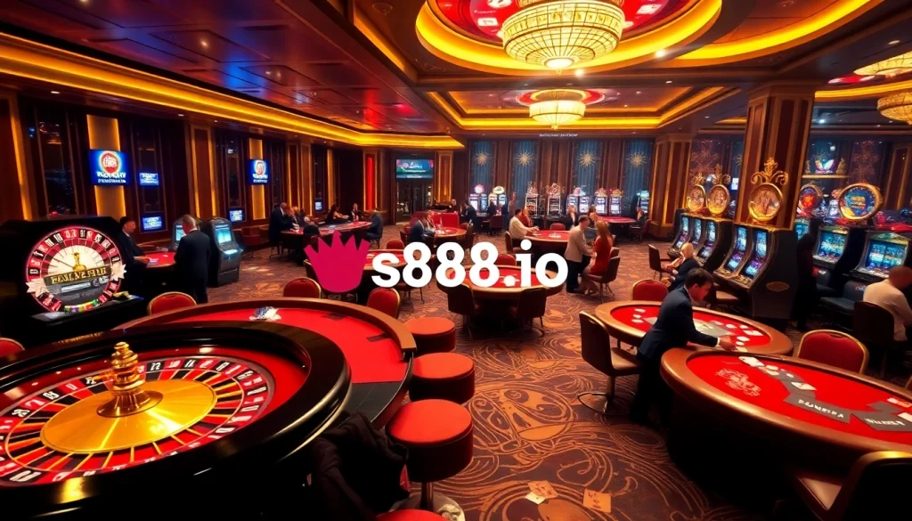 Players enjoying a vibrant casino scene featuring s88a.io with roulette wheels and poker tables.