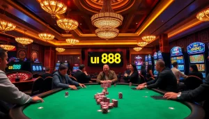 Poker players enjoying a game at u 888 casino table with vibrant ambiance and luxury elements.