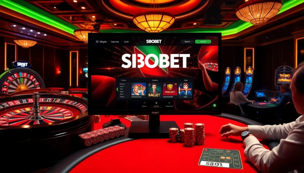 SBOBET online gaming interface highlighted amidst a lively casino scene with poker chips and roulette wheels.