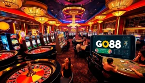 Players enjoy high-stakes gaming at GO88 casino tables, filled with vibrant colors and excitement.