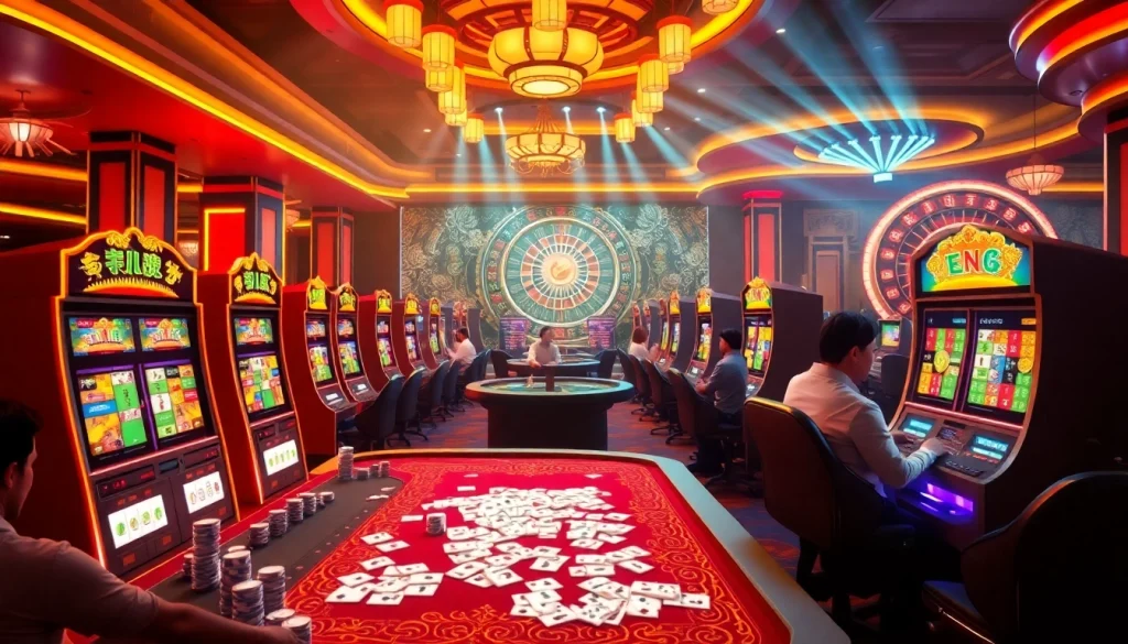 Putar mesin demo Mahjong Slot dengan atmosfer kasino yang hidup dan pemain yang terlibat.
