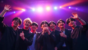 Showcase the BTS members performing energetically on stage with vibrant colors and dramatic lighting.