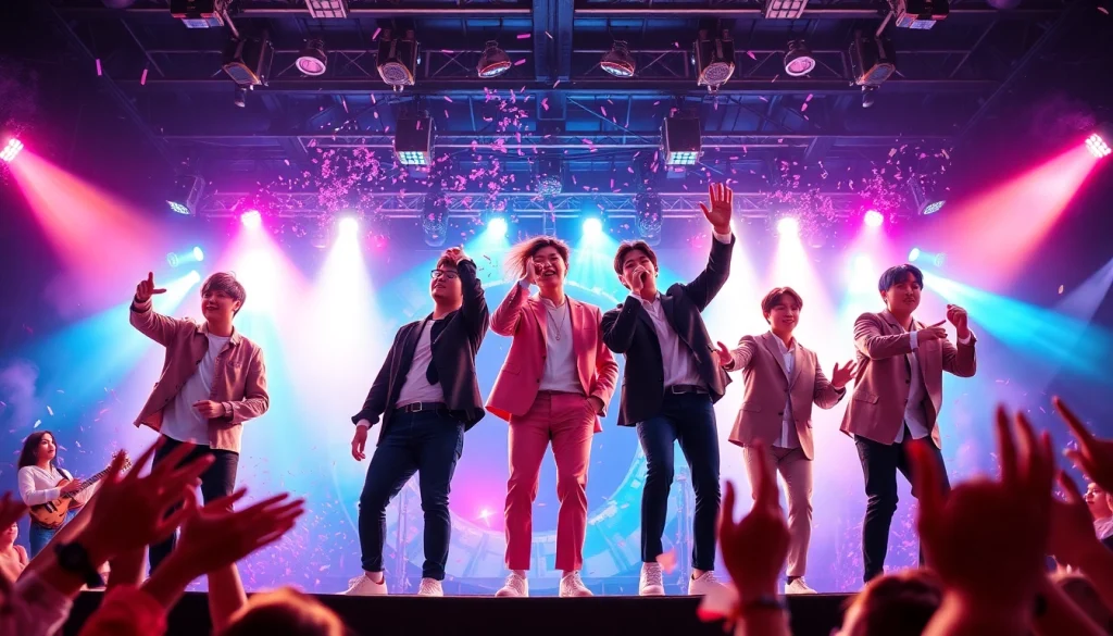 BTS members performing energetically on stage amidst vibrant lights and thrilled fans.