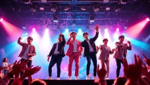 BTS members performing energetically on stage amidst vibrant lights and thrilled fans.