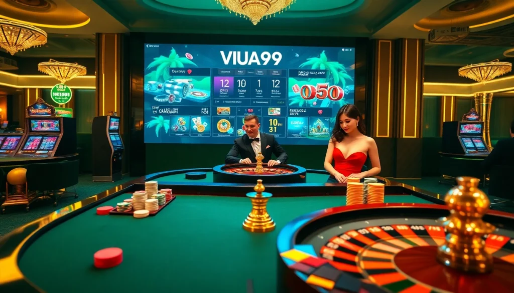 Action-packed gaming scene featuring trang cá cược vua99 with colorful casino elements and players engaged in high-stakes games.