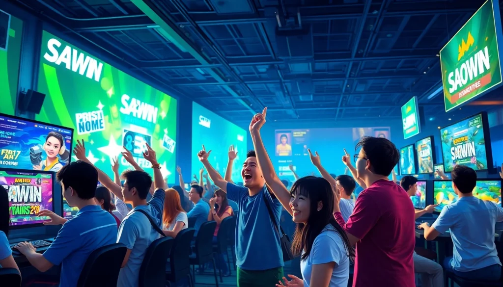 Bầu không khí chơi game sôi động tại SAOWIN, thể hiện 50 cơ hội thắng Saowin khi nhiều người chơi khác nhau ăn mừng chiến thắng.