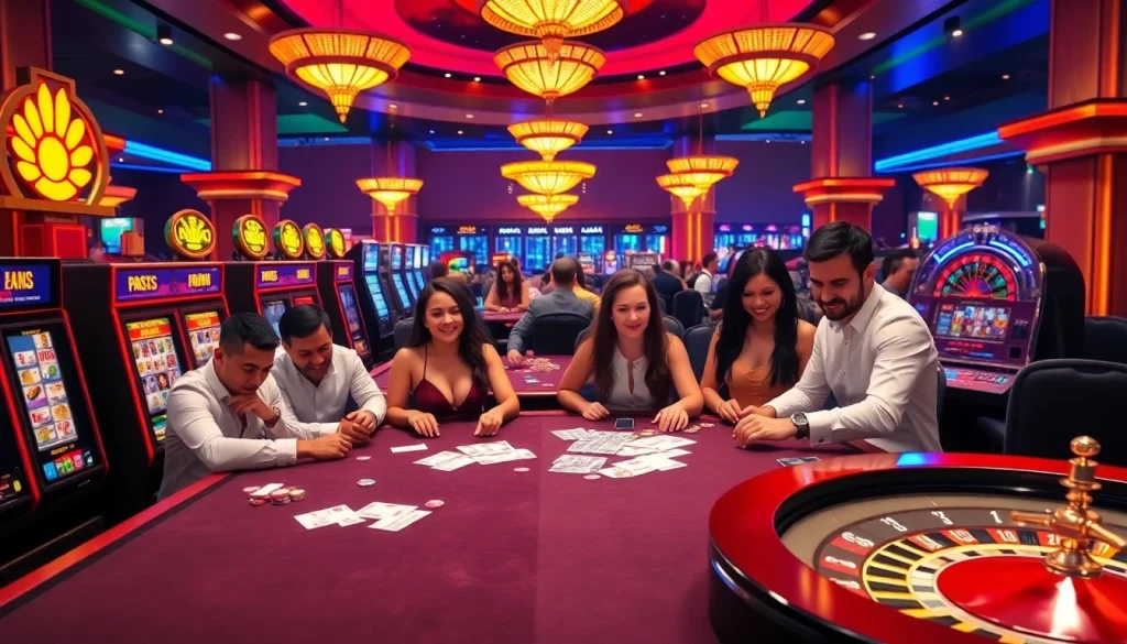 Players enjoying onicplay's thrilling casino games in an elegant casino setting.
