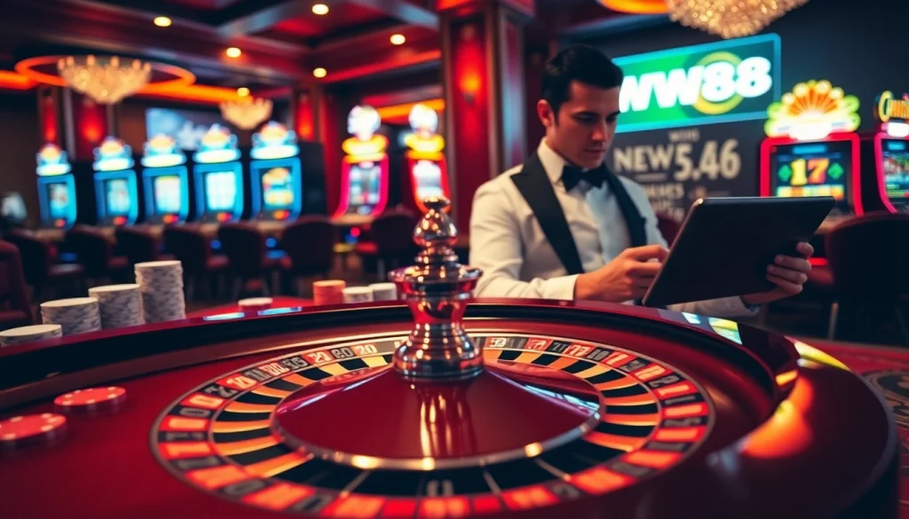 Exciting gambling action featuring WW88's online gaming platforms with roulette and poker elements.
