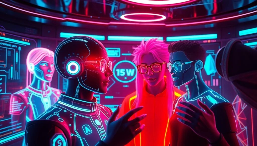 Engaging scene of character AI NSFW interactions featuring vibrant holographic interfaces and emotional AI personas.