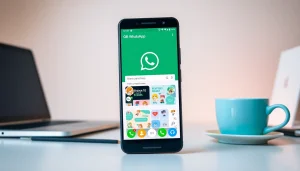 GB WhatsApp APK on a smartphone in a modern workspace