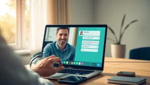正在使用 WhatsApp Web 的人，展示快连官网连接性，在一个温馨、现代的工作空间中。