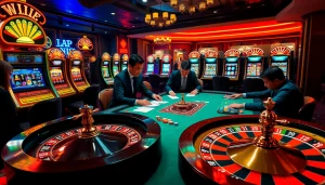 Players enjoying high-stakes poker at a luxurious casino while exploring situs deposit 5k options.