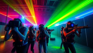Experience the thrill of laser tag action with excited players in a vibrant arena.