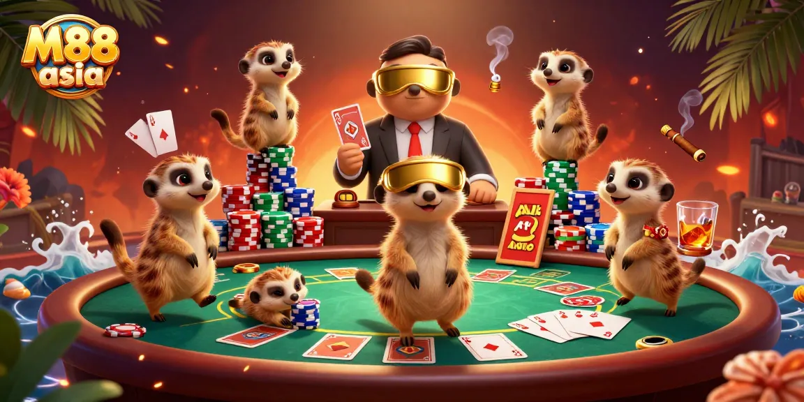 Engage in thrilling games at M88 asia with meerkats running a vibrant casino, showcasing poker excitement.