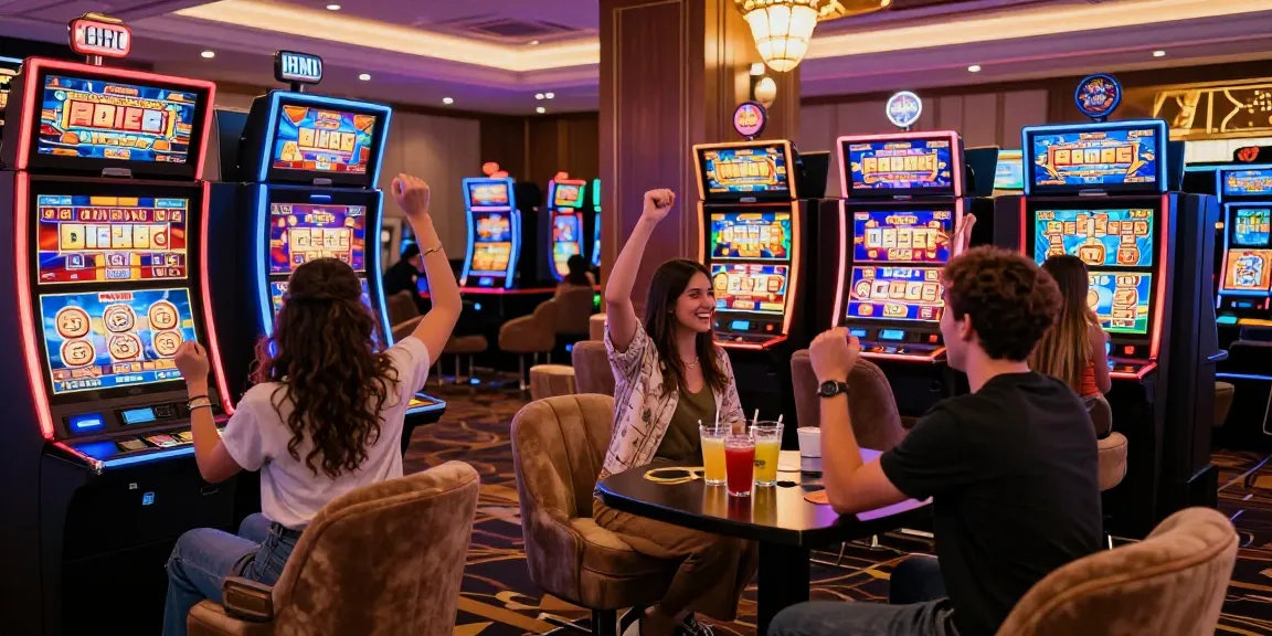 Exciting online casino environment featuring friends enjoying slots where you can buy bonus, colorful machines, and celebratory atmosphere.