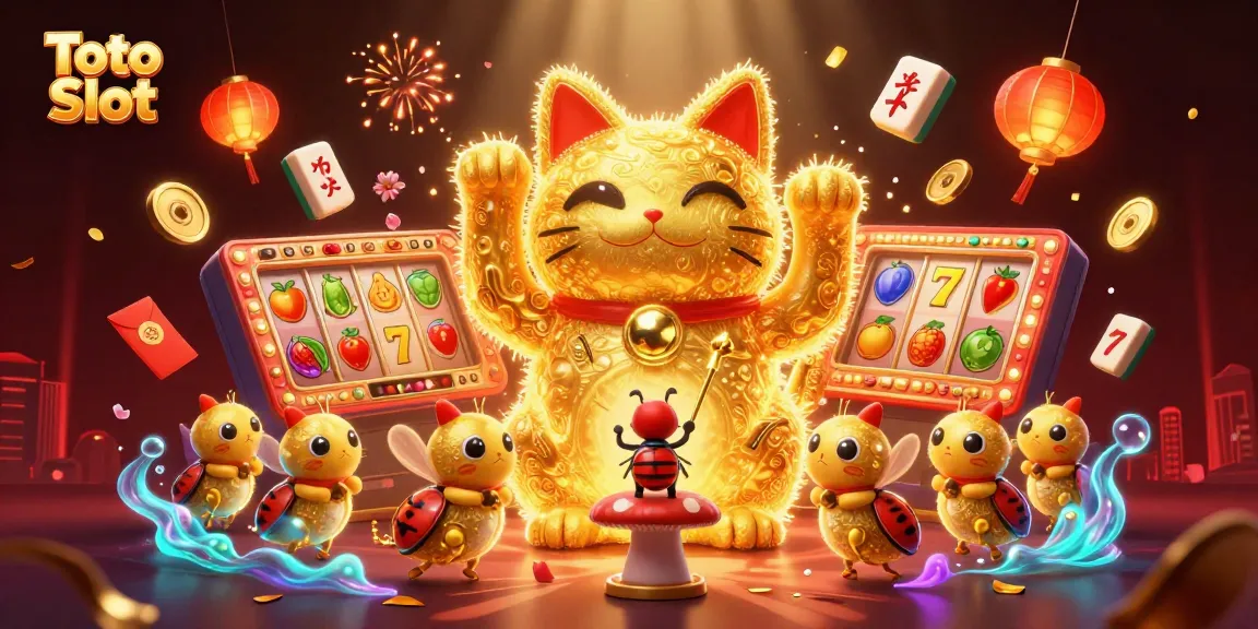 Engage with Toto Slot through vibrant 3D art showcasing a lucky cat among dynamic casino elements.